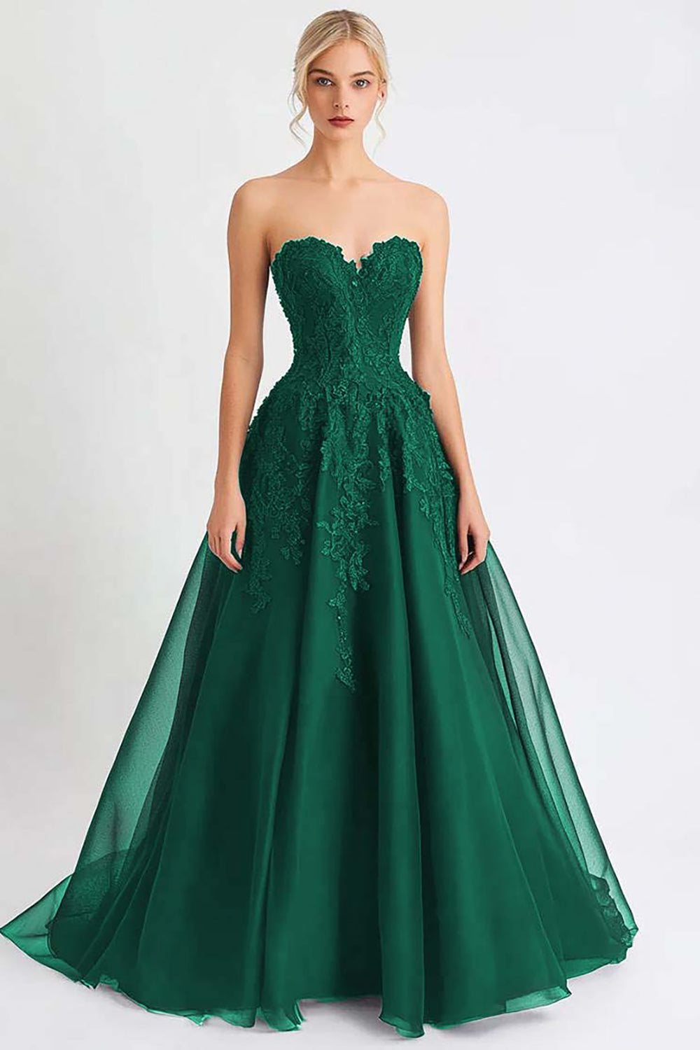 Black Tulle A Line Strapless Long Evening Dress with Appliques