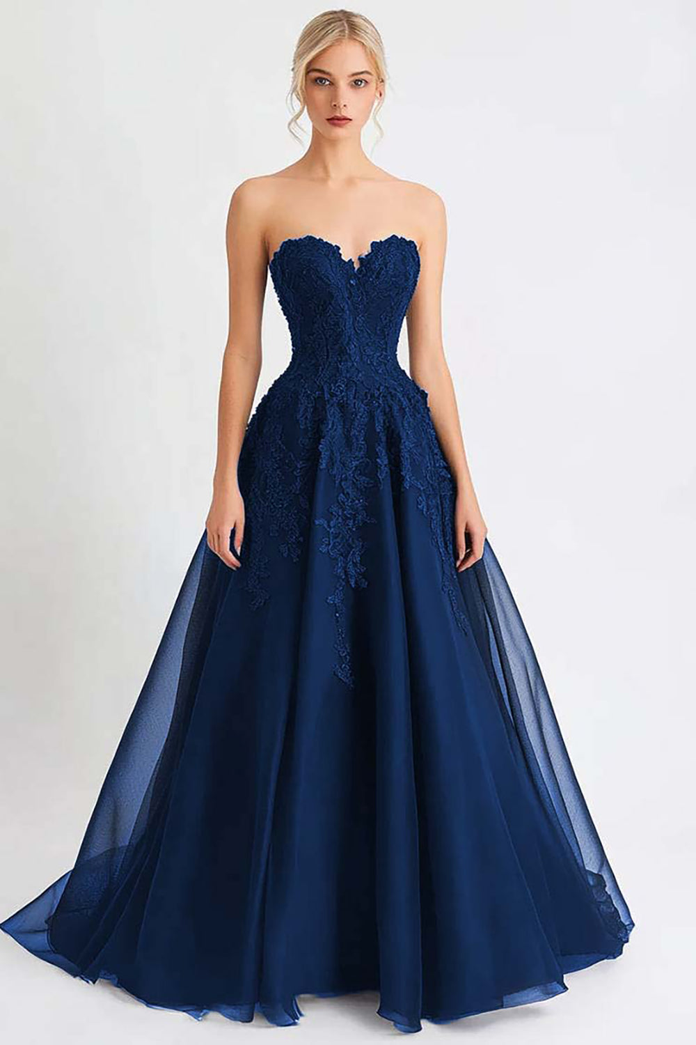 Black Tulle A Line Strapless Long Evening Dress with Appliques