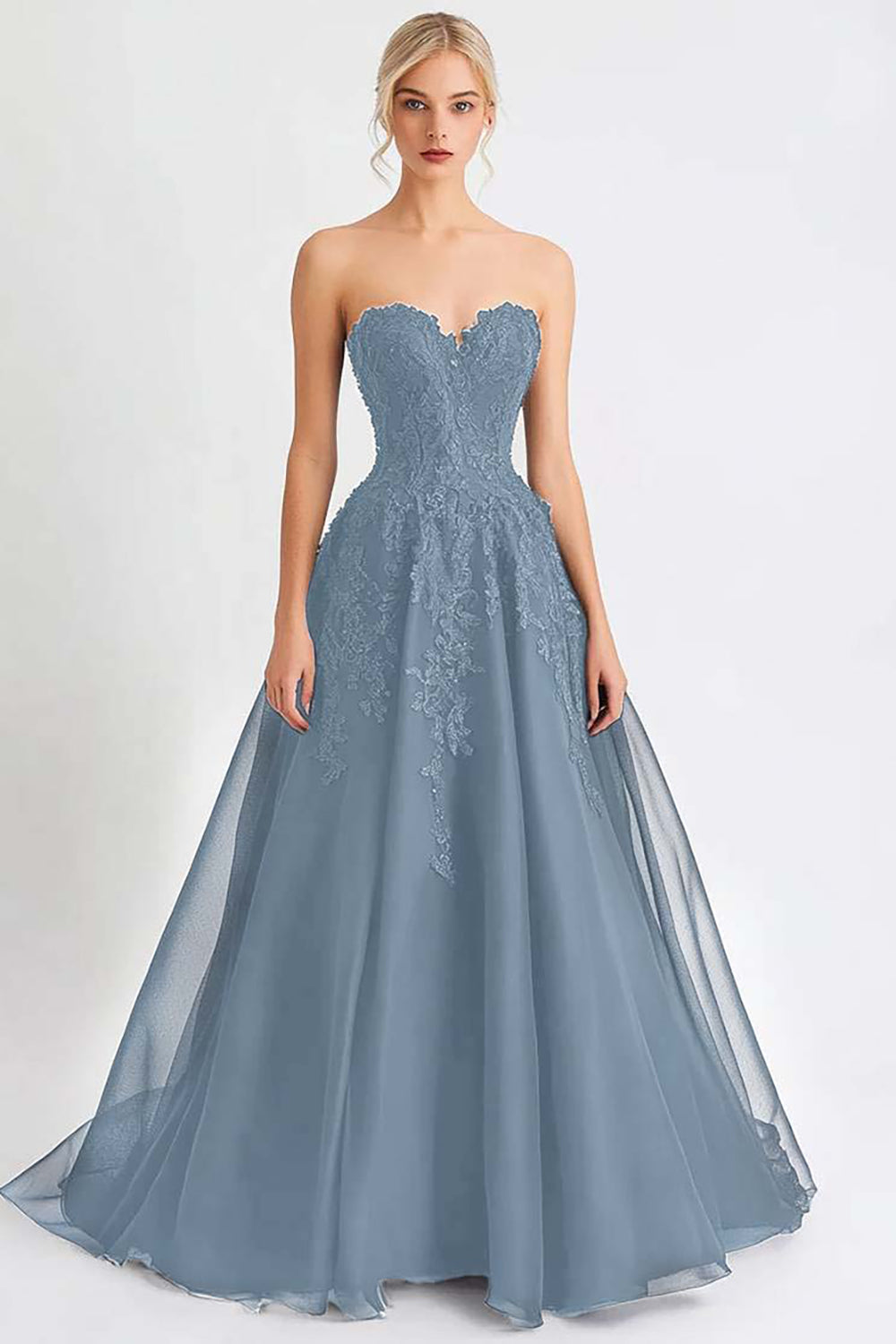 Black Tulle A Line Strapless Long Evening Dress with Appliques