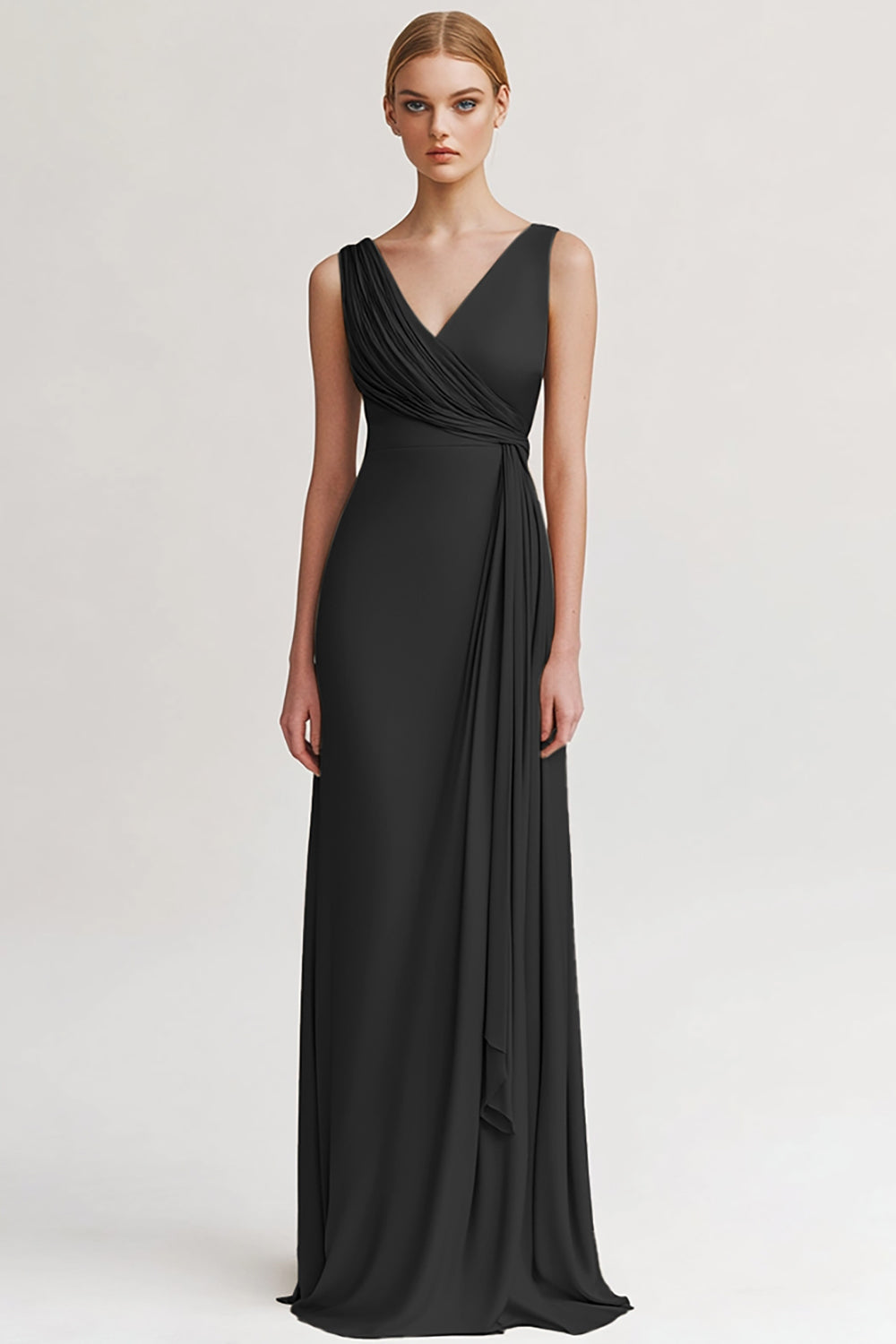 Robe de soirée fourreau froncée col V couleur champagne