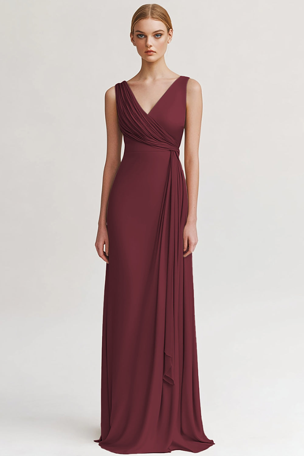 Robe de soirée fourreau froncée col V couleur champagne