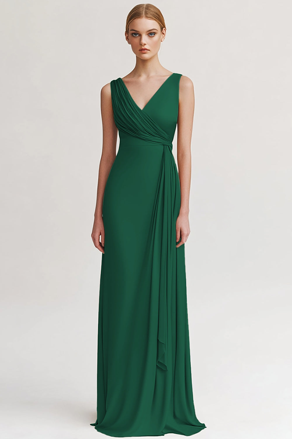 Robe de soirée fourreau froncée col V couleur champagne