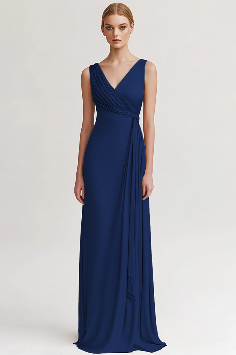 Robe de soirée fourreau froncée col V couleur champagne