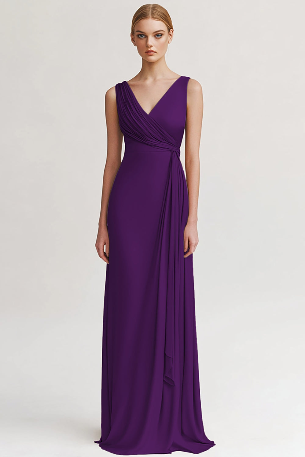 Robe de soirée fourreau froncée col V couleur champagne