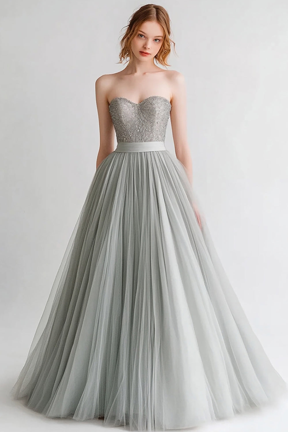 Grey Strapless A-Line Tulle Evening Dress