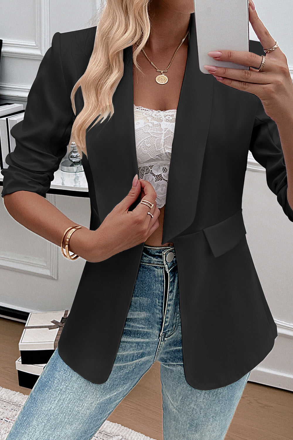 Blazer décontracté pour femme avec revers châle blanc