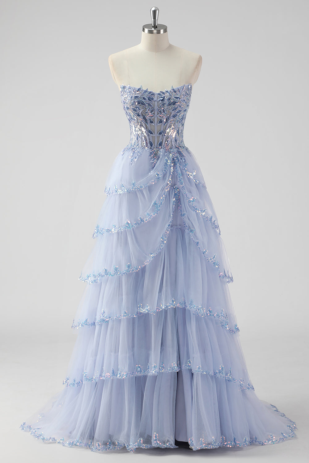 Lavender A Line Strapless Sequins Corset Tiered Prom Dress with Slit