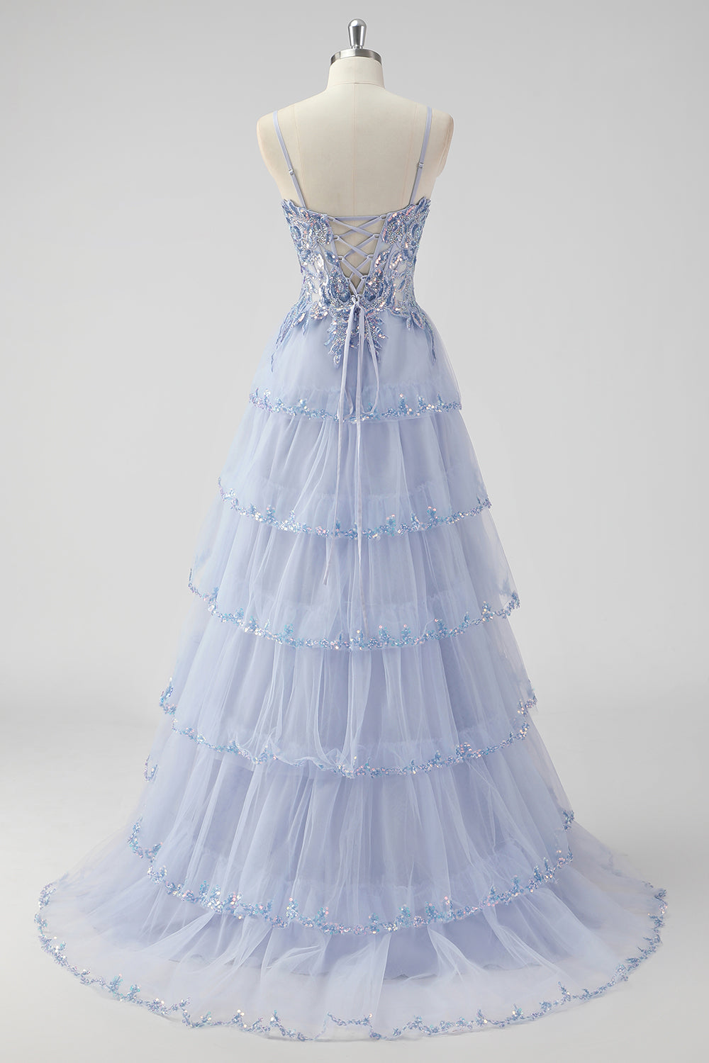 Lavender A Line Strapless Sequins Corset Tiered Prom Dress with Slit