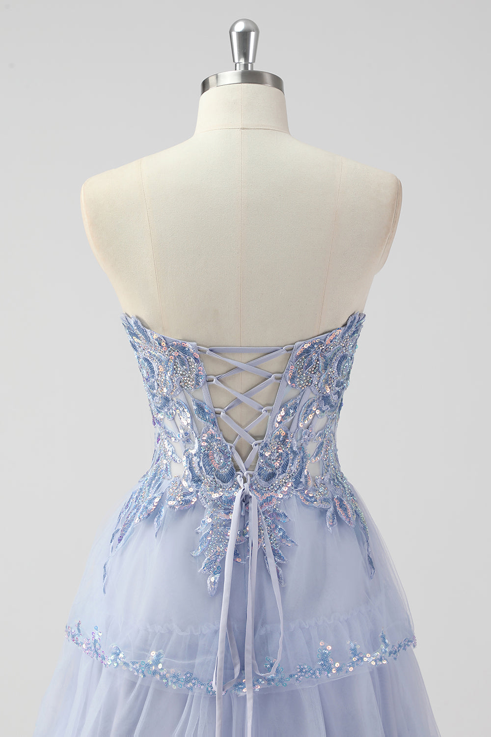 Lavender A Line Strapless Sequins Corset Tiered Prom Dress with Slit