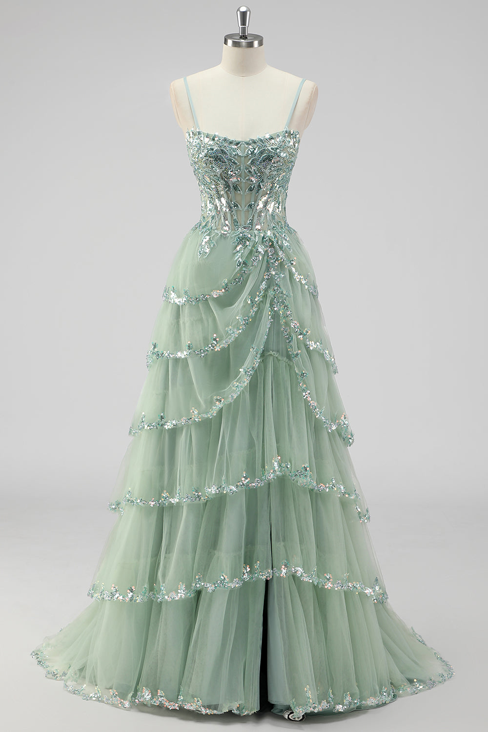Lavender A Line Strapless Sequins Corset Tiered Prom Dress with Slit