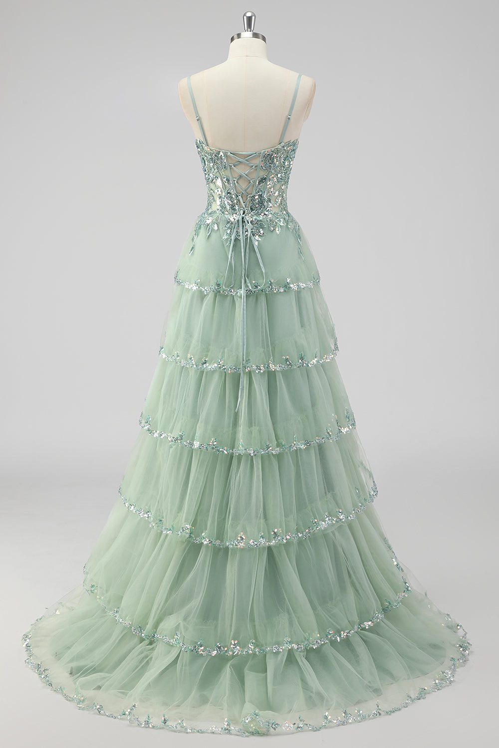Lavender A Line Strapless Sequins Corset Tiered Prom Dress with Slit