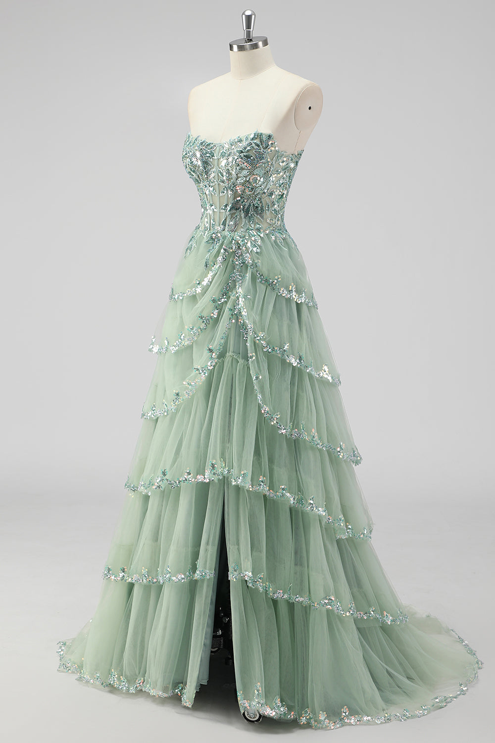 Lavender A Line Strapless Sequins Corset Tiered Prom Dress with Slit