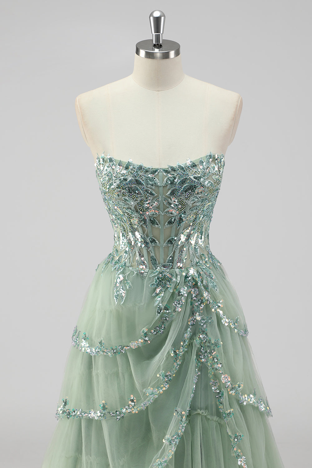 Lavender A Line Strapless Sequins Corset Tiered Prom Dress with Slit