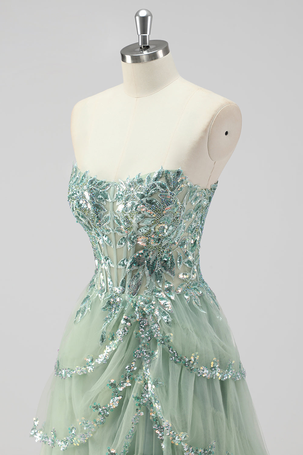 Lavender A Line Strapless Sequins Corset Tiered Prom Dress with Slit