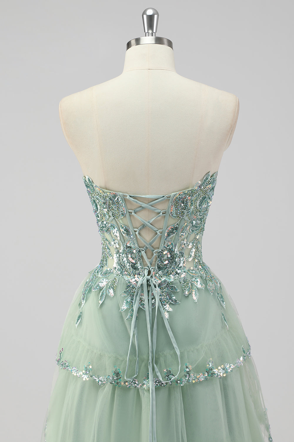Lavender A Line Strapless Sequins Corset Tiered Prom Dress with Slit