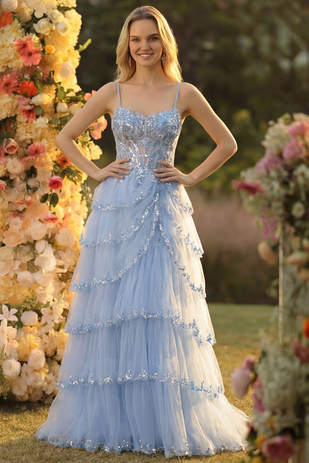 Lavender A Line Strapless Sequins Corset Tiered Prom Dress with Slit