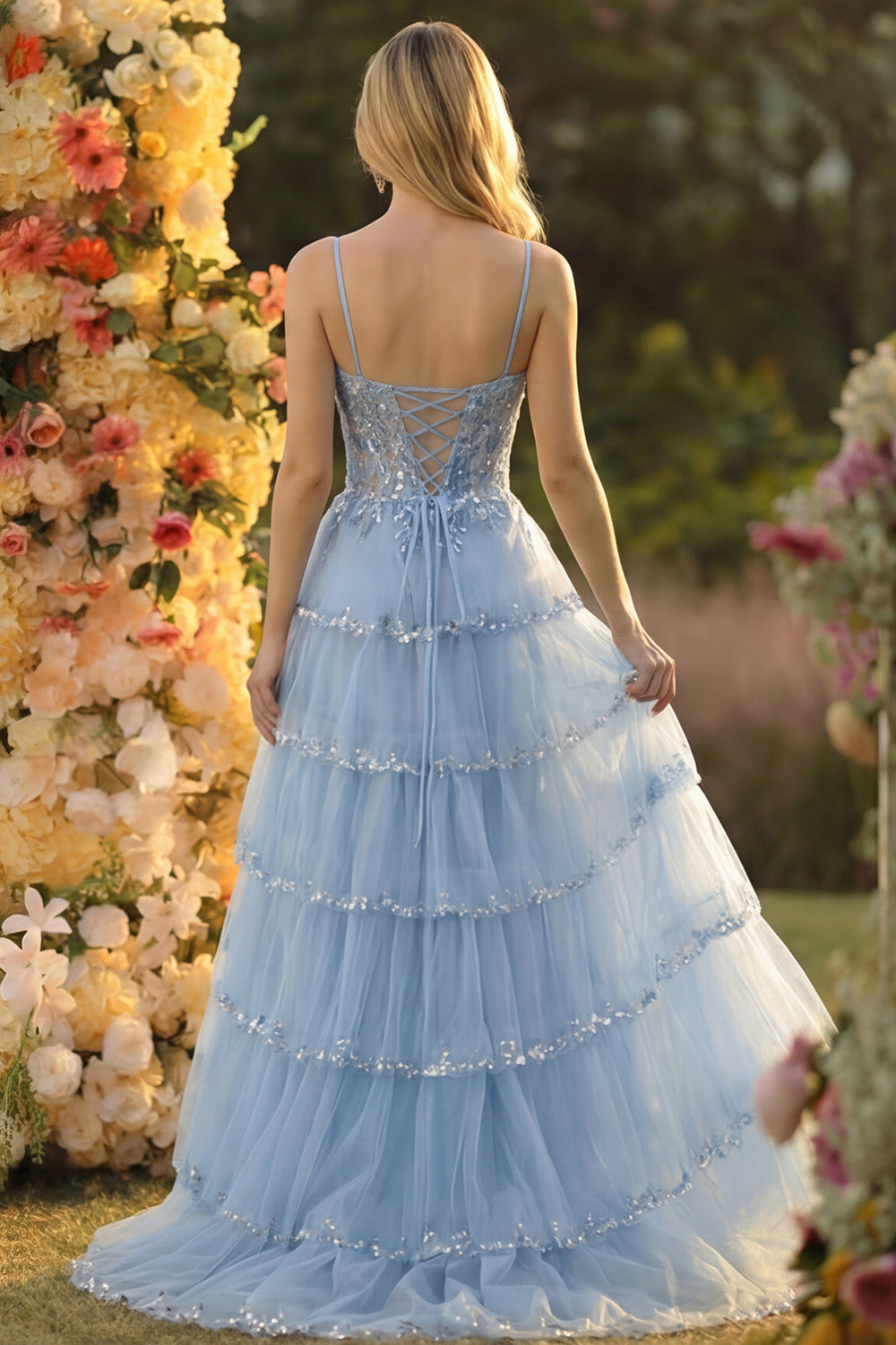 Lavender A Line Strapless Sequins Corset Tiered Prom Dress with Slit