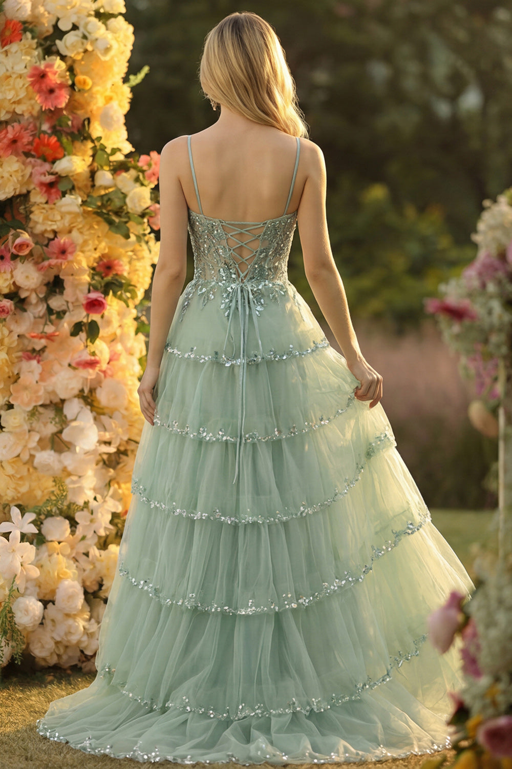 Lavender A Line Strapless Sequins Corset Tiered Prom Dress with Slit