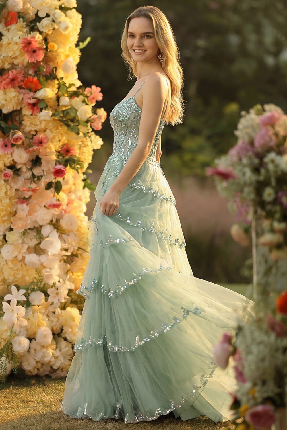 Lavender A Line Strapless Sequins Corset Tiered Prom Dress with Slit