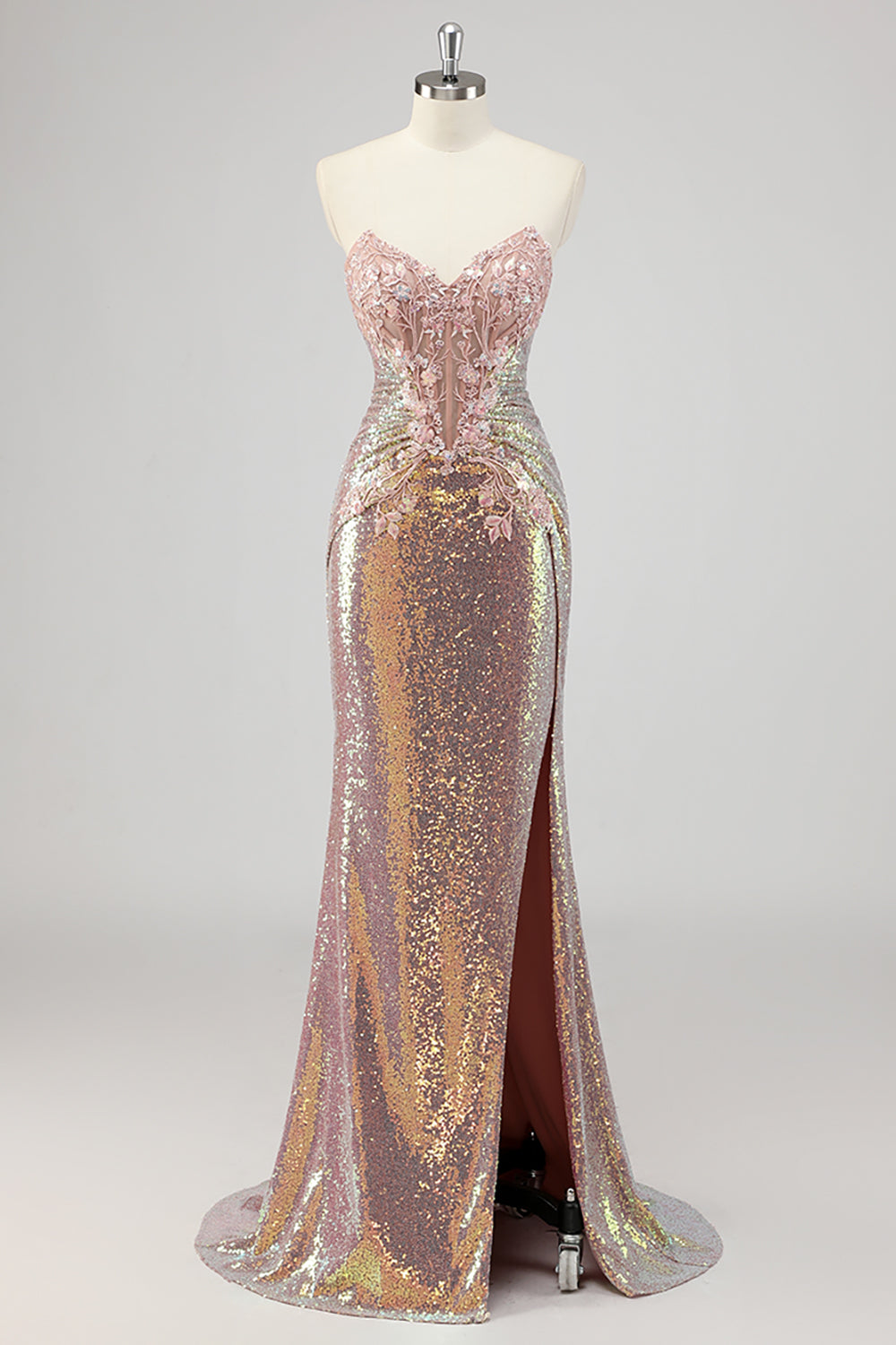 Strapless Mermaid Blush Corset Sequin Prom Dress