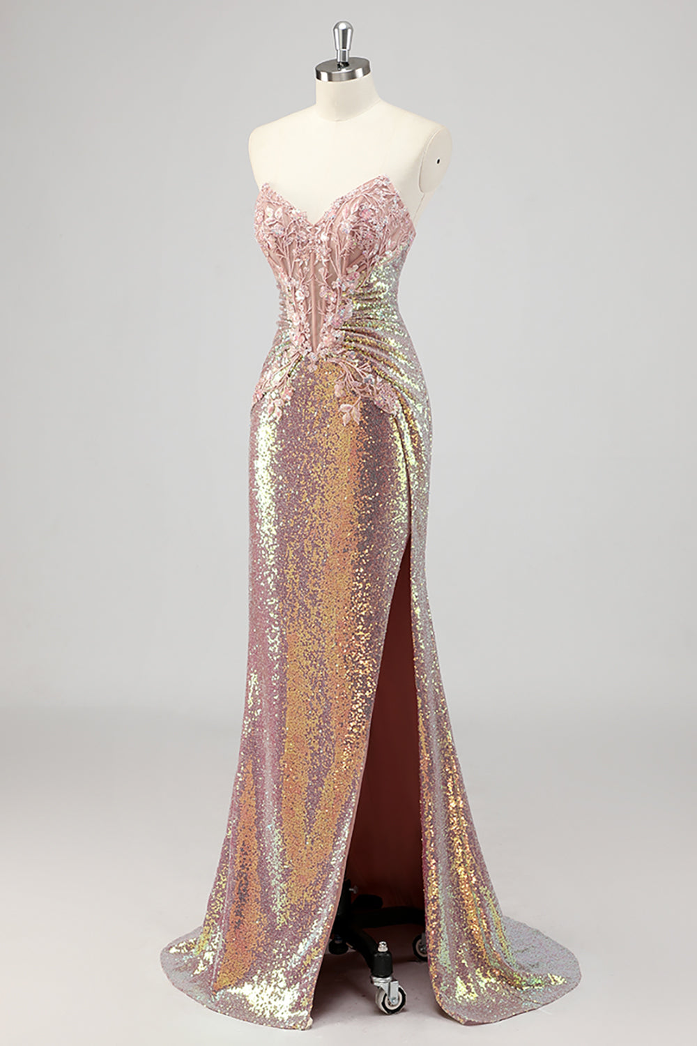 Strapless Mermaid Blush Corset Sequin Prom Dress