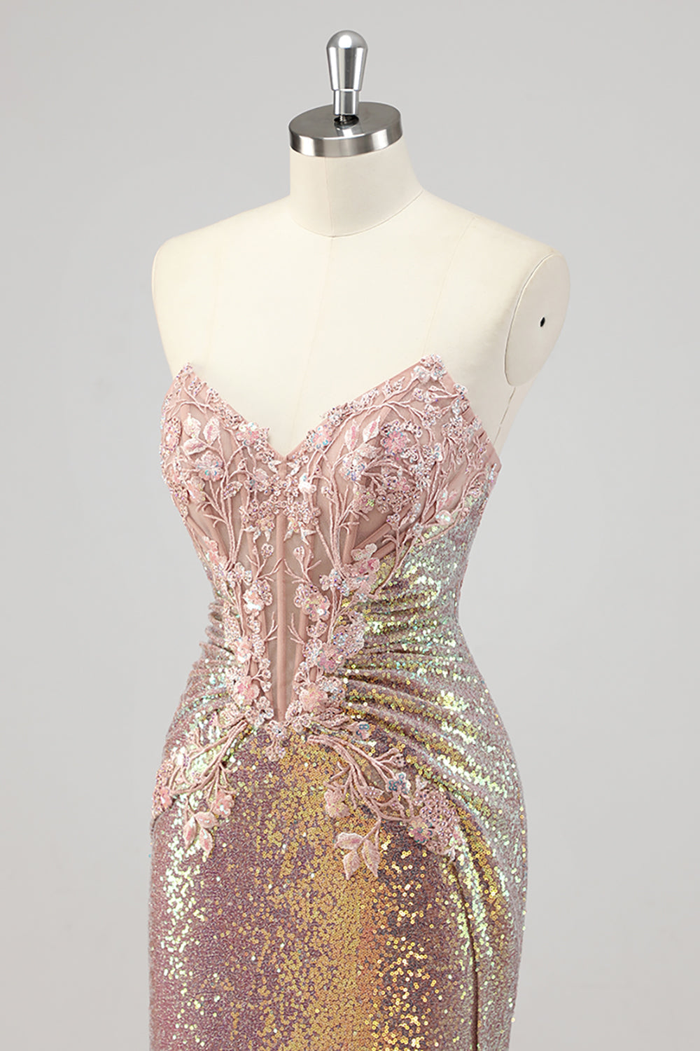 Strapless Mermaid Blush Corset Sequin Prom Dress