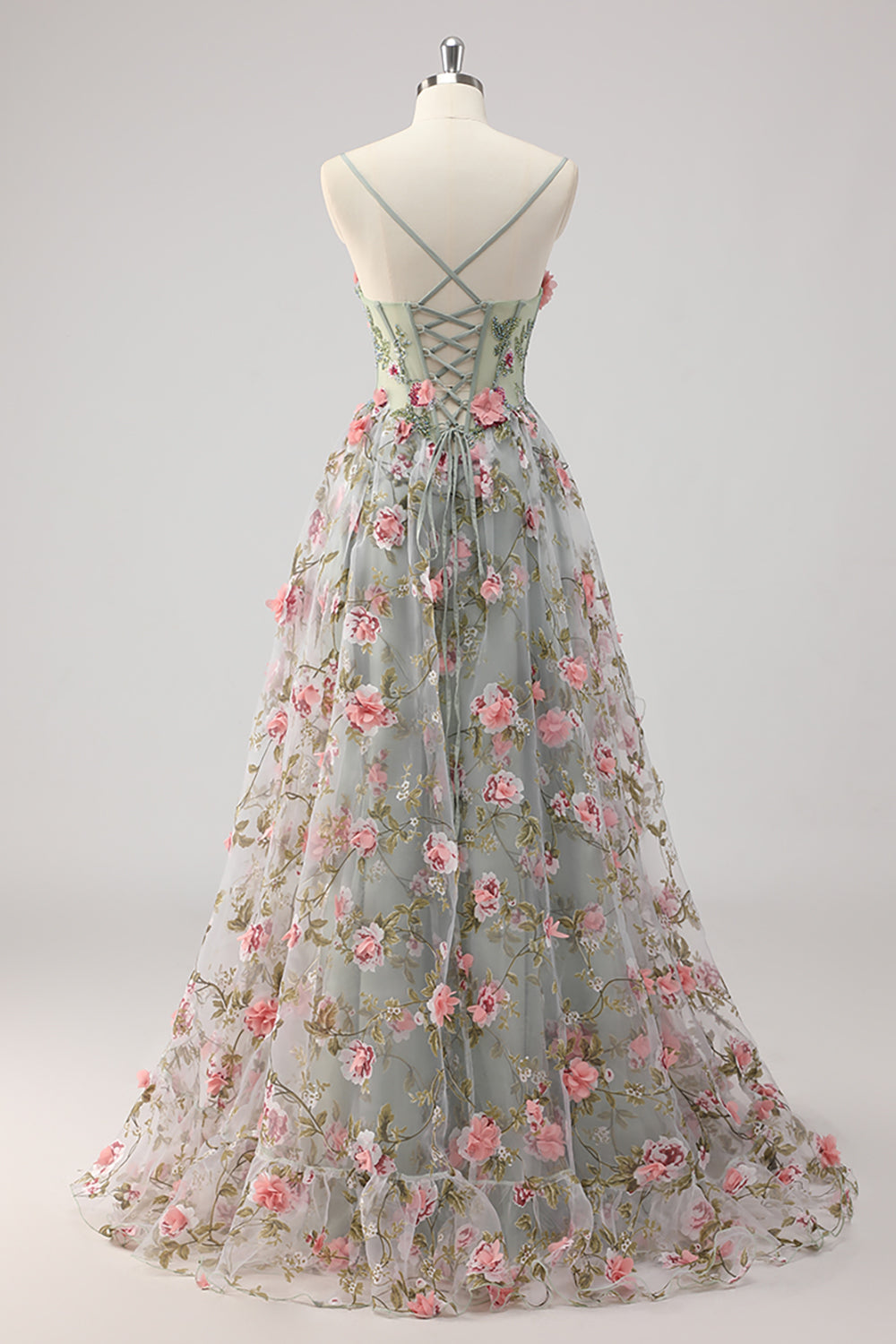 A Line Grey Green Beaded Corset Long Prom Dress with 3D Flowers