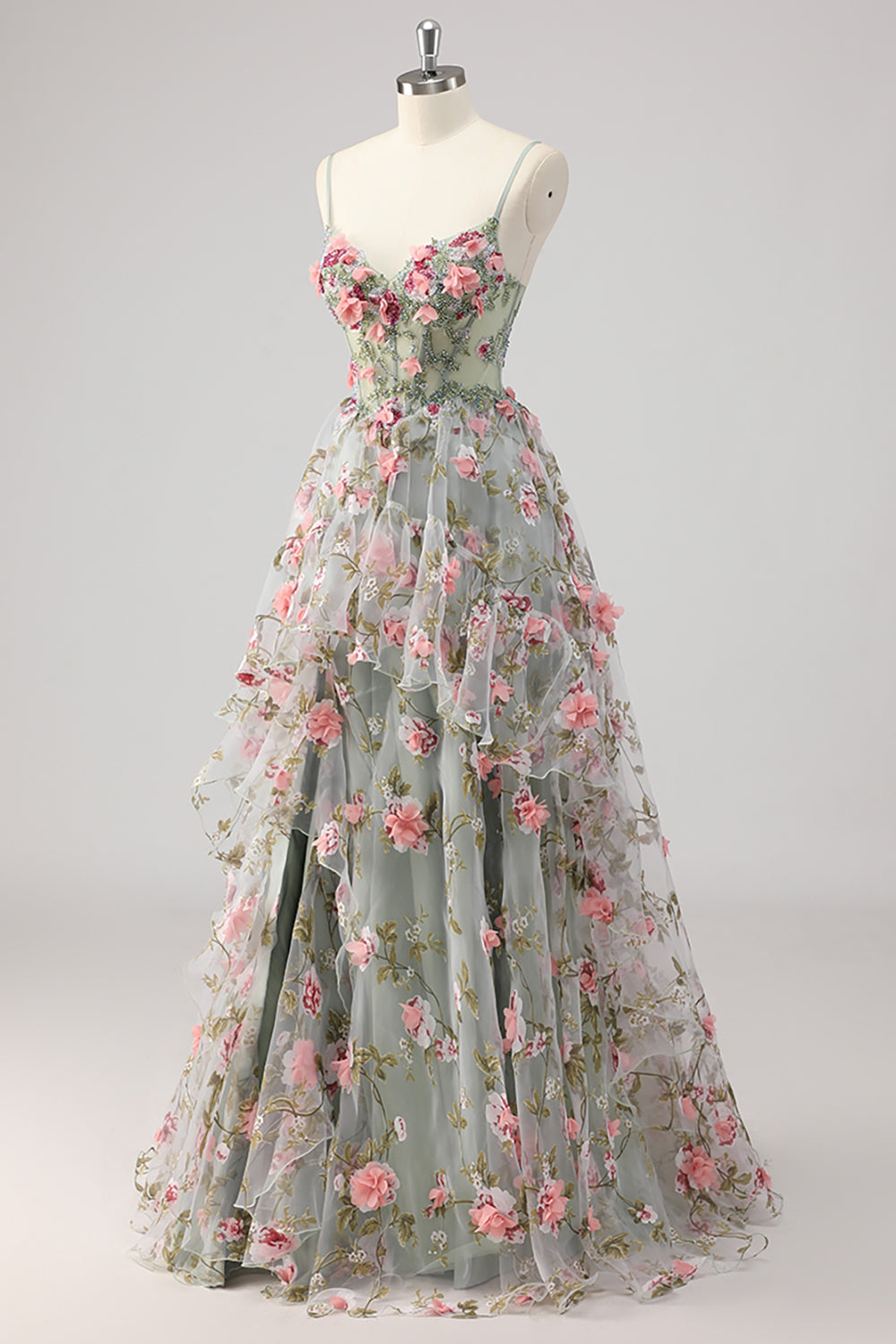 A Line Grey Green Beaded Corset Long Prom Dress with 3D Flowers
