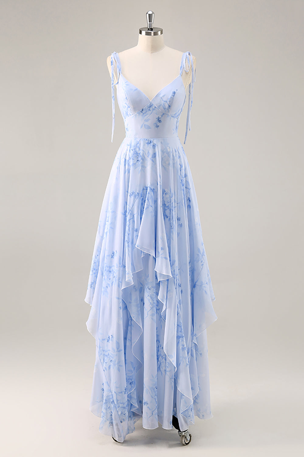 Robe longue de demoiselle d'honneur trapèze en mousseline bleue à fleurs avec volants
