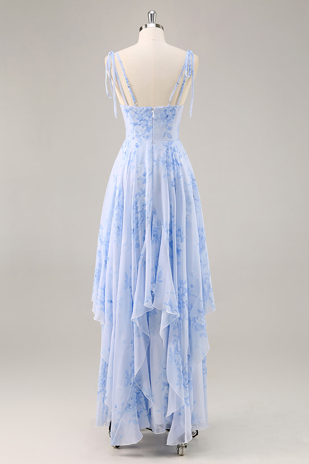 Robe longue de demoiselle d'honneur trapèze en mousseline bleue à fleurs avec volants