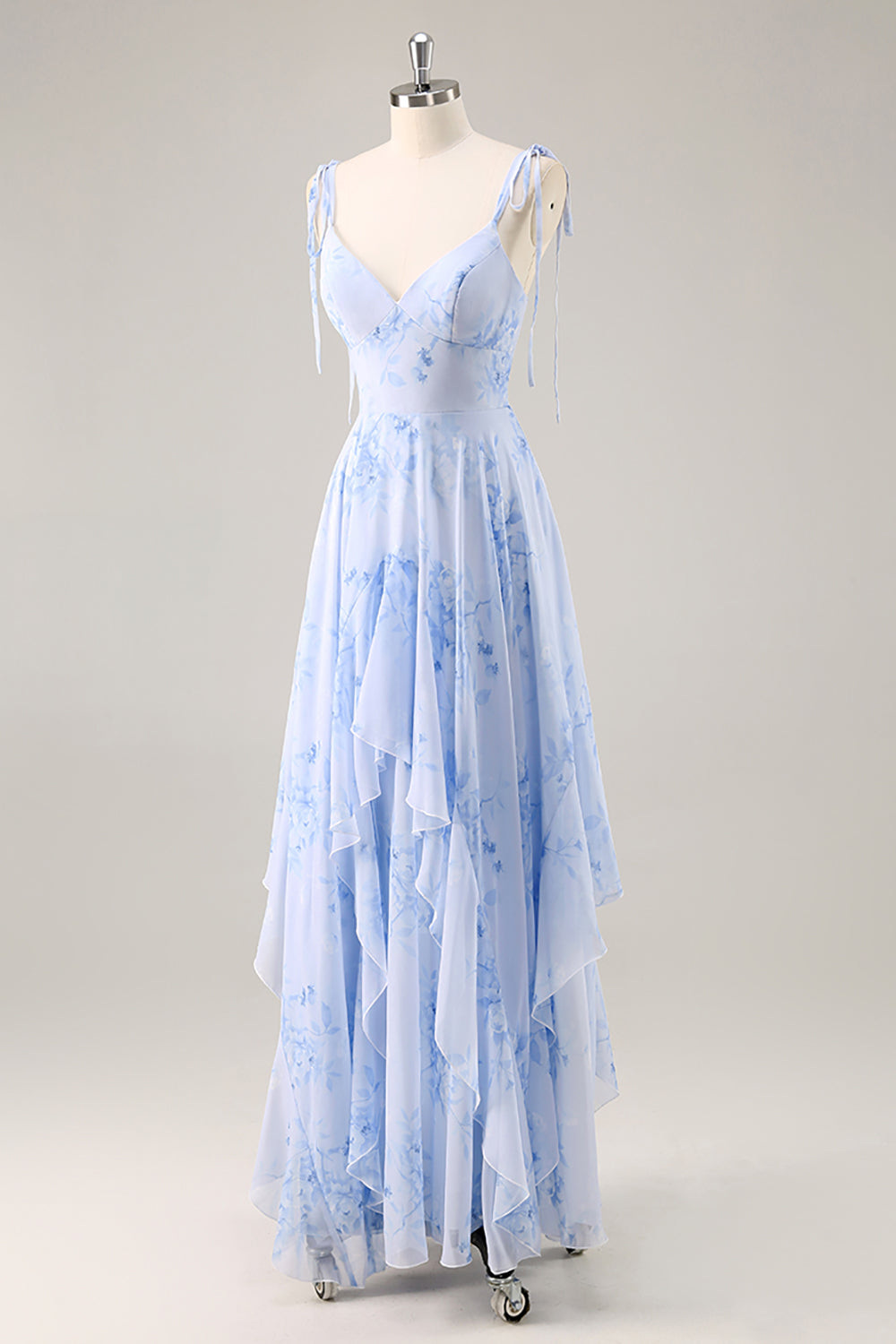 Robe longue de demoiselle d'honneur trapèze en mousseline bleue à fleurs avec volants