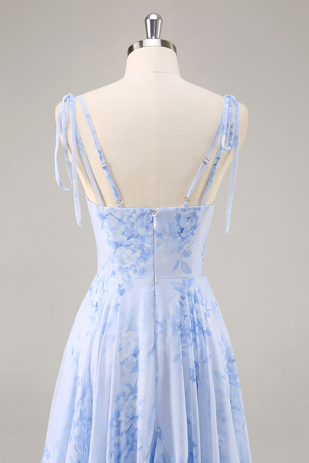 Robe longue de demoiselle d'honneur trapèze en mousseline bleue à fleurs avec volants