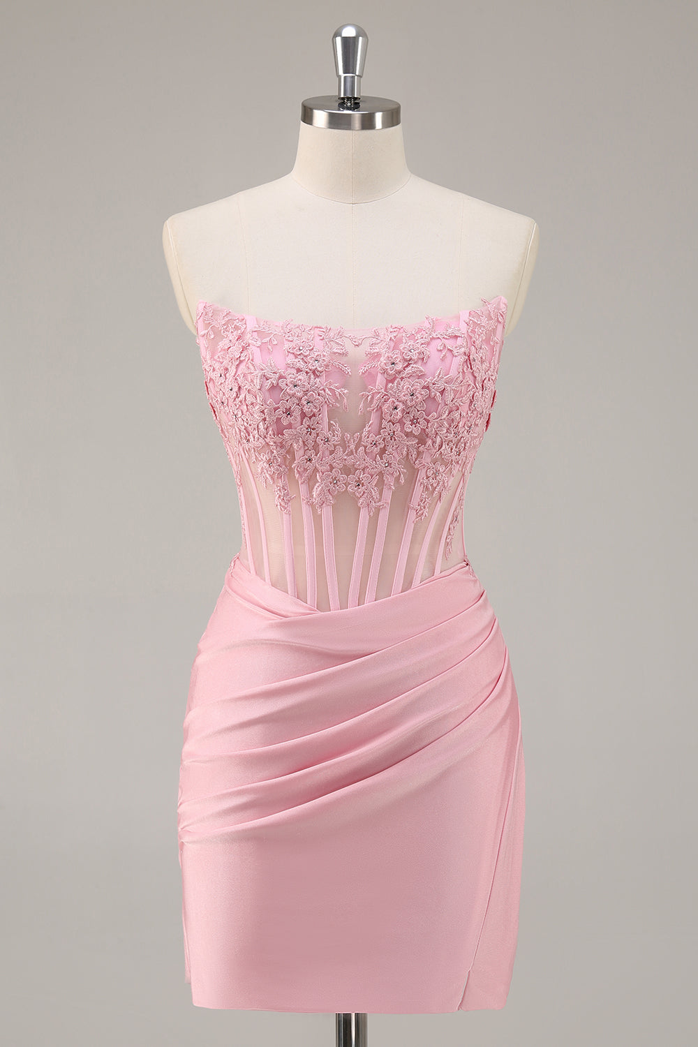 Pink Strapless Corset Beaded Short Tight Cocktail Dress
