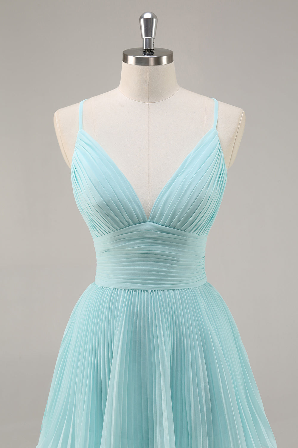 Green Chiffon A-Line V-Neck Tiered Long Pleated Prom Dress