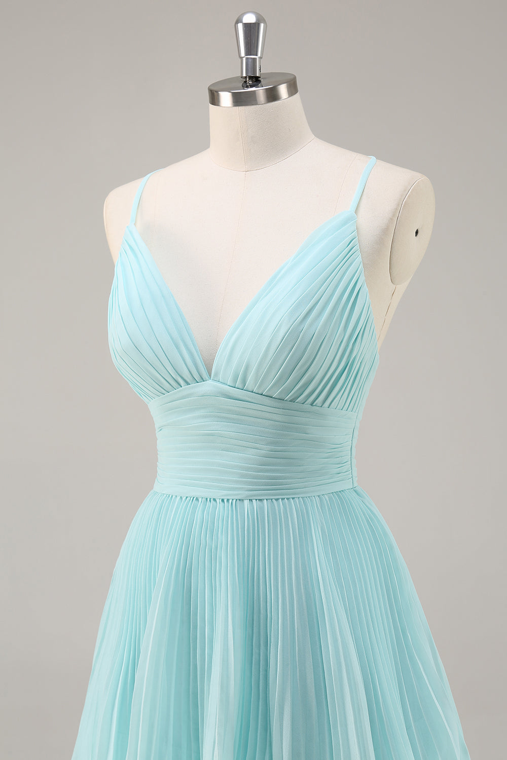 Green Chiffon A-Line V-Neck Tiered Long Pleated Prom Dress