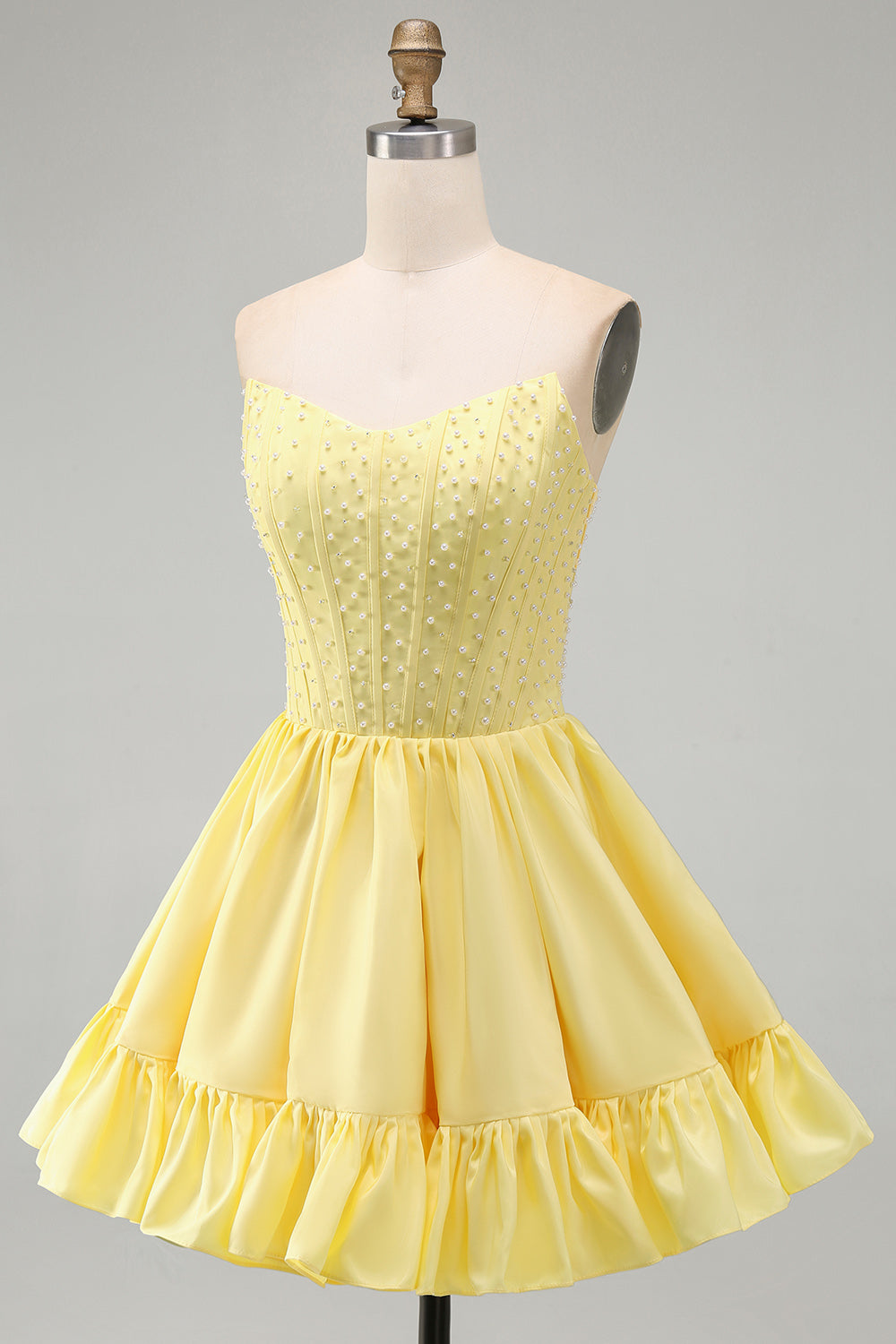 Yellow A-Line Strapless Pearls Corset Short Homecoming Dress with Ruffles