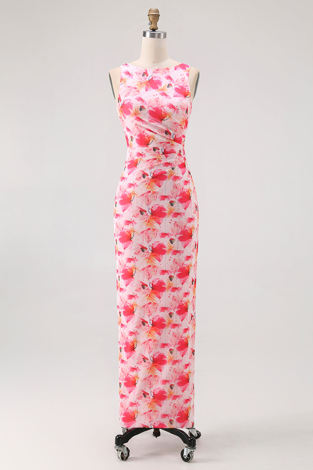 Robe longue de demoiselle d'honneur imprimée florale rose fourreau encolure bateau