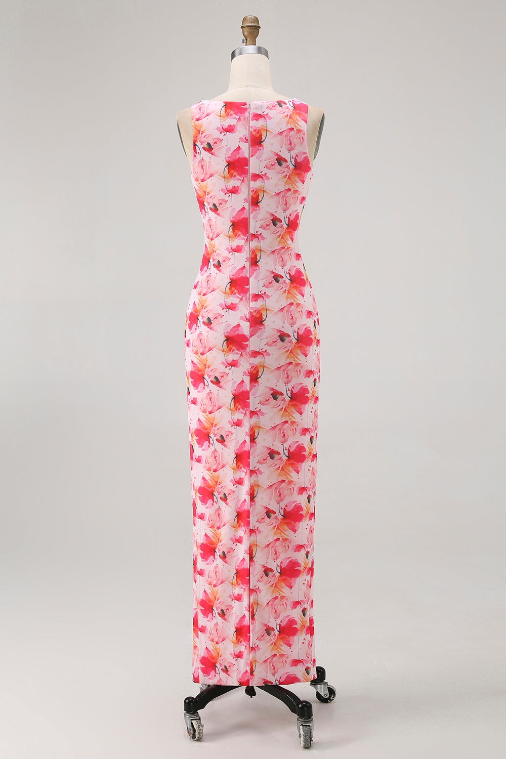 Robe longue de demoiselle d'honneur imprimée florale rose fourreau encolure bateau