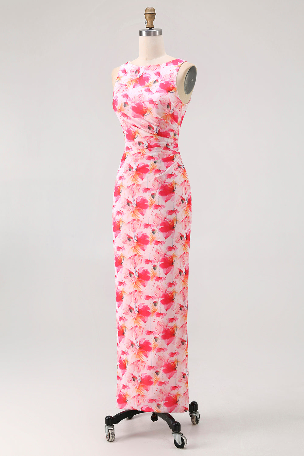 Robe longue de demoiselle d'honneur imprimée florale rose fourreau encolure bateau