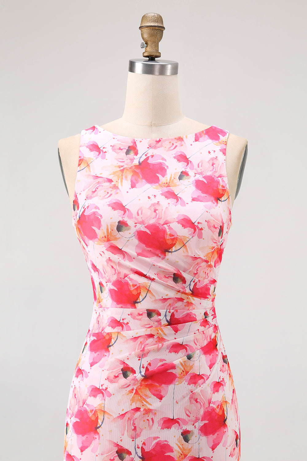 Robe longue de demoiselle d'honneur imprimée florale rose fourreau encolure bateau