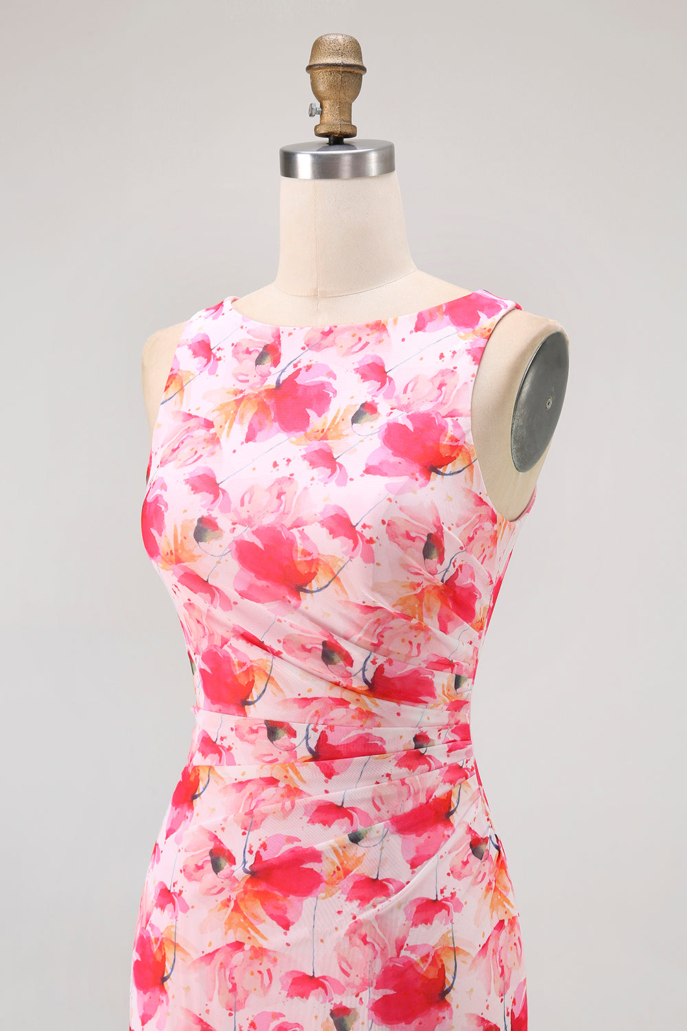 Robe longue de demoiselle d'honneur imprimée florale rose fourreau encolure bateau