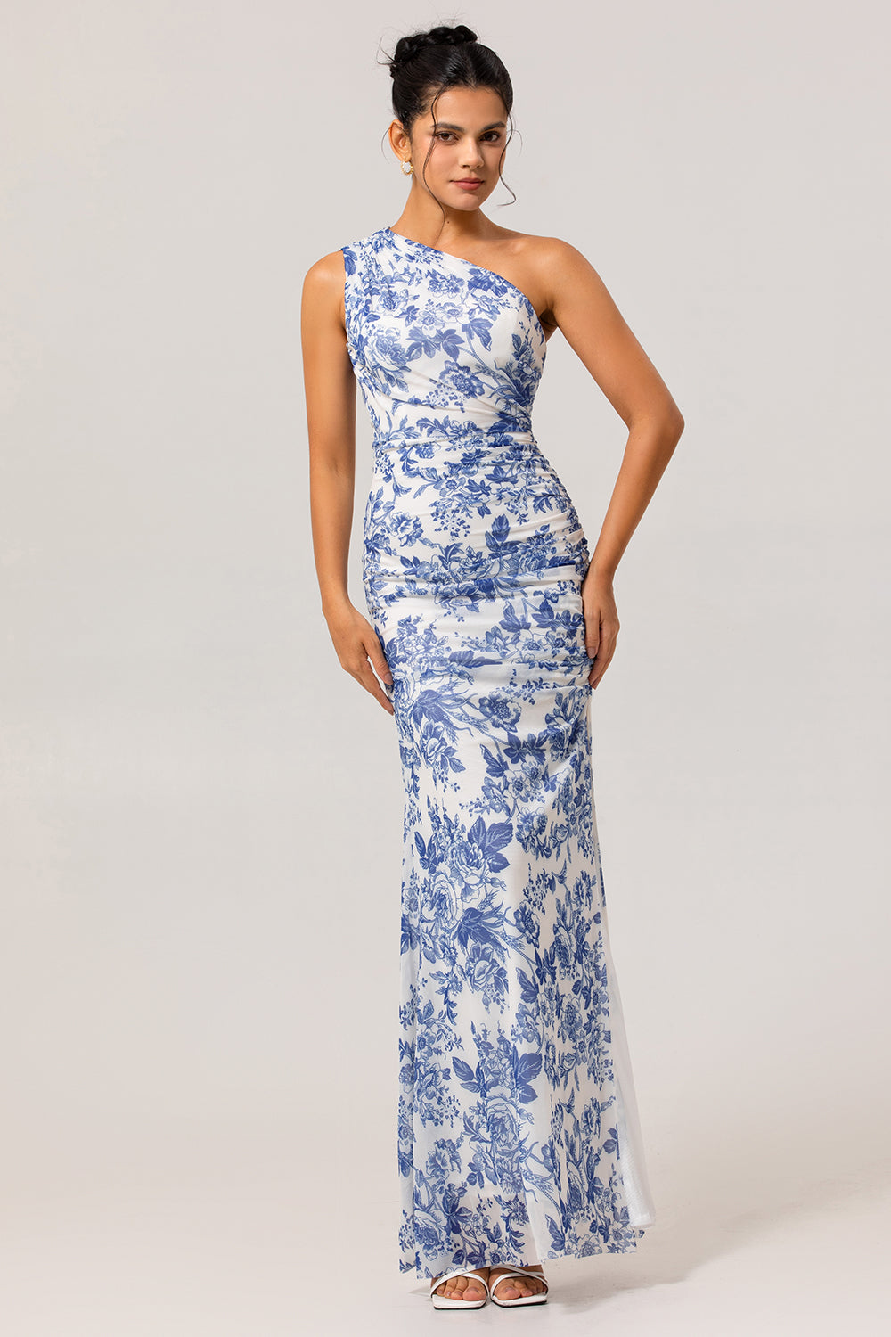 One-Shoulder Sheath Long Bridesmaid Dress with White and Blue Floral Print and Slit