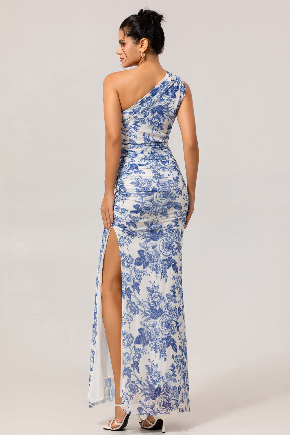 One-Shoulder Sheath Long Bridesmaid Dress with White and Blue Floral Print and Slit