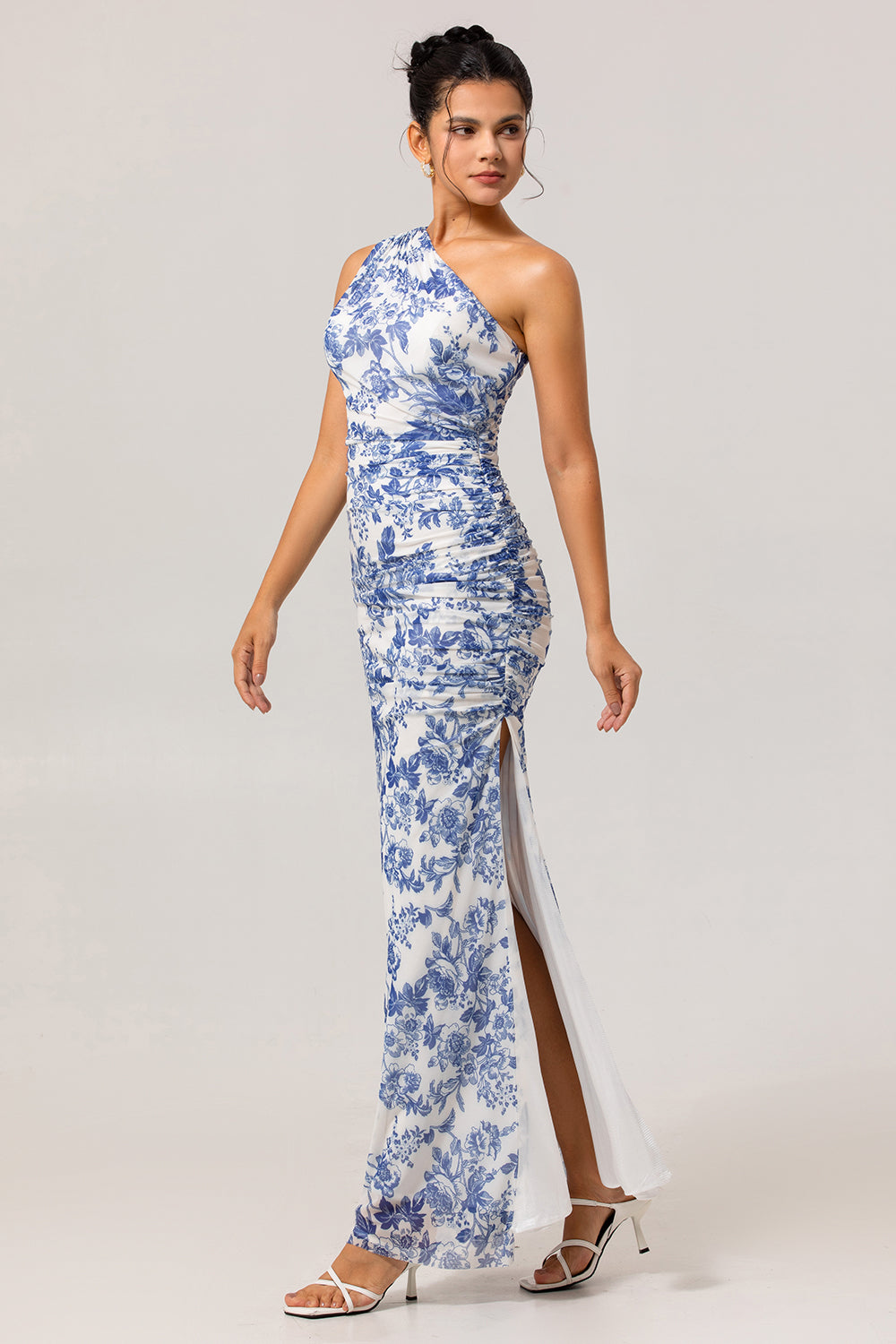 One-Shoulder Sheath Long Bridesmaid Dress with White and Blue Floral Print and Slit