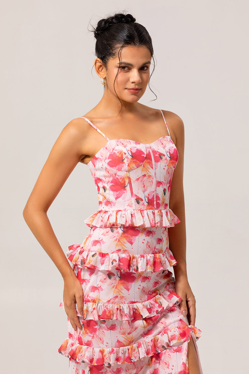 Pink Floral Sheath Ruffled Long Wedding Guest Dress with Slit