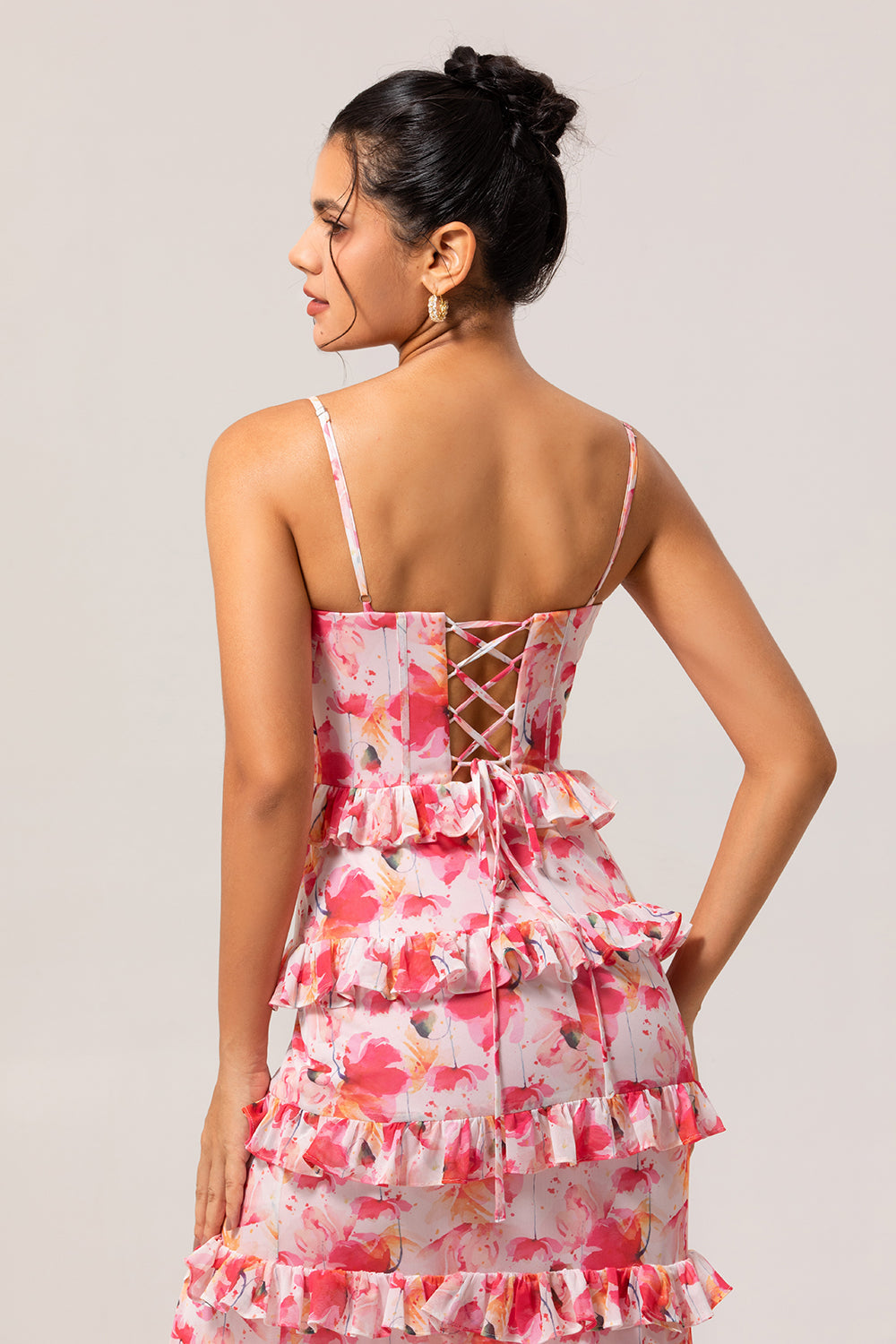 Pink Floral Sheath Ruffled Long Wedding Guest Dress with Slit