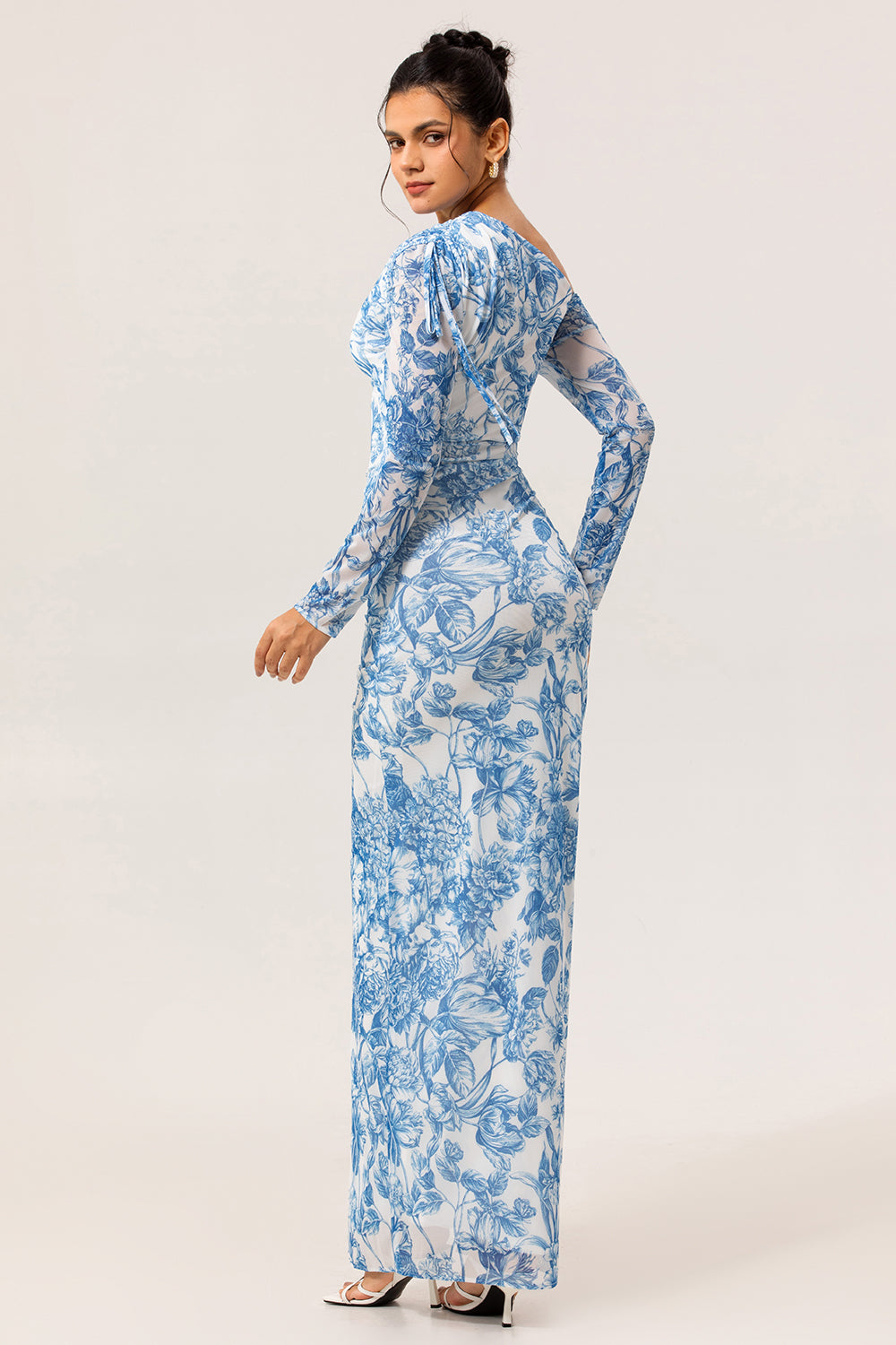 One Shoulder Sheath Blue Flower Long Sleeves Bridesmaid Dress with Slit