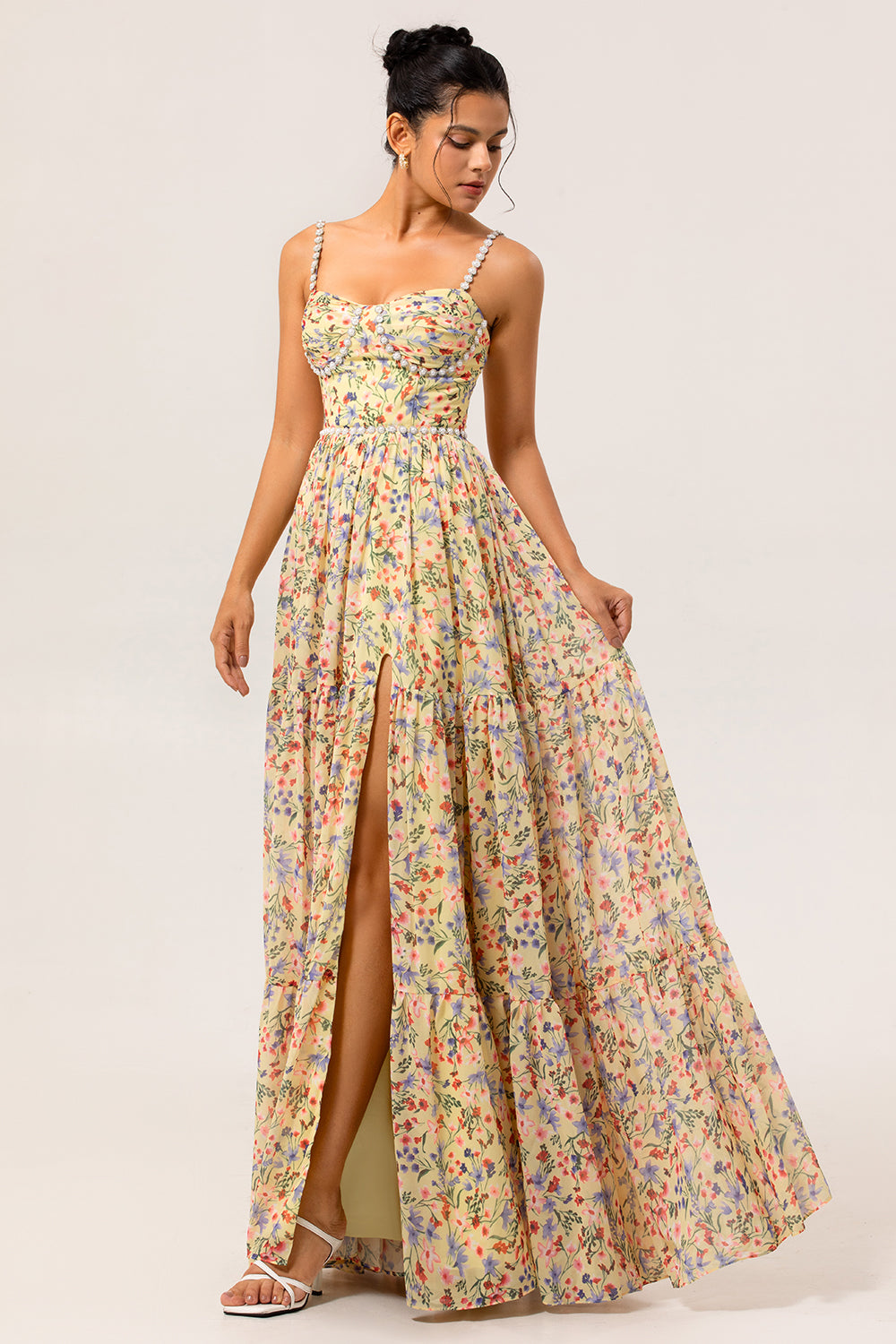 Yellow Floral A Line Beaded Long Bridesmaid Dress with Slit