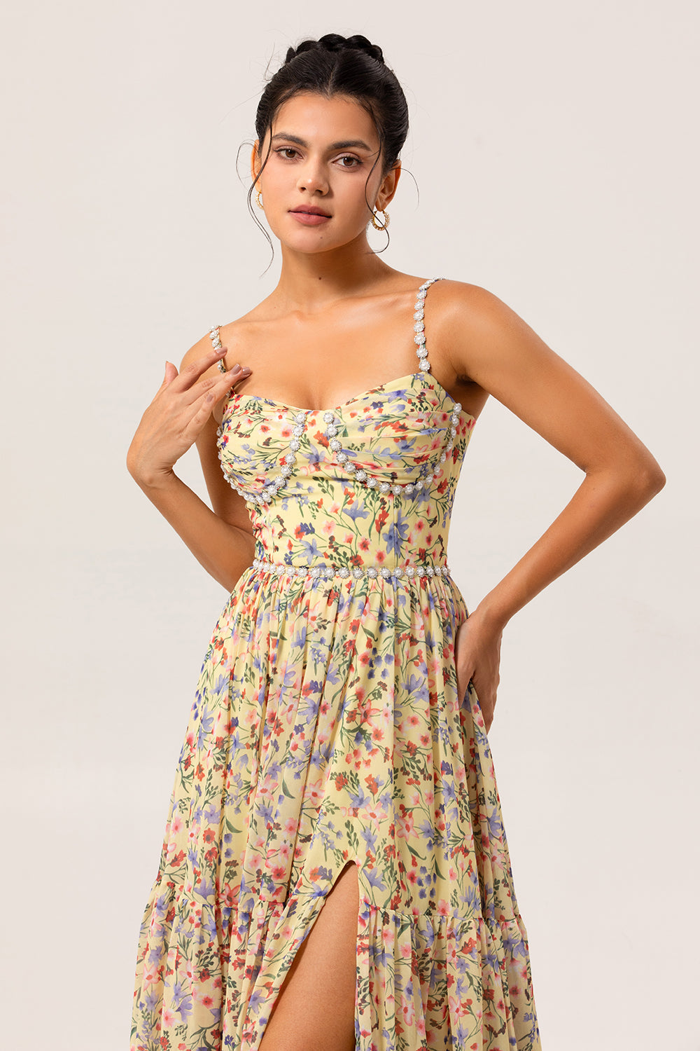 Yellow Floral A Line Beaded Long Bridesmaid Dress with Slit