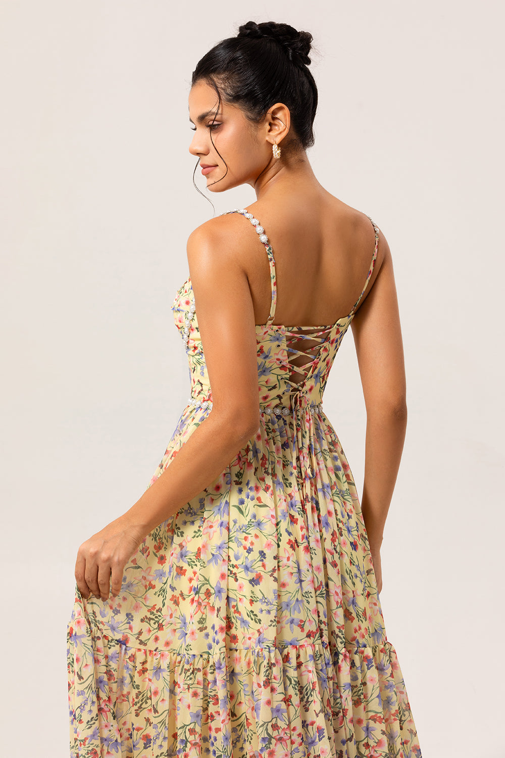 Yellow Floral A Line Beaded Long Bridesmaid Dress with Slit